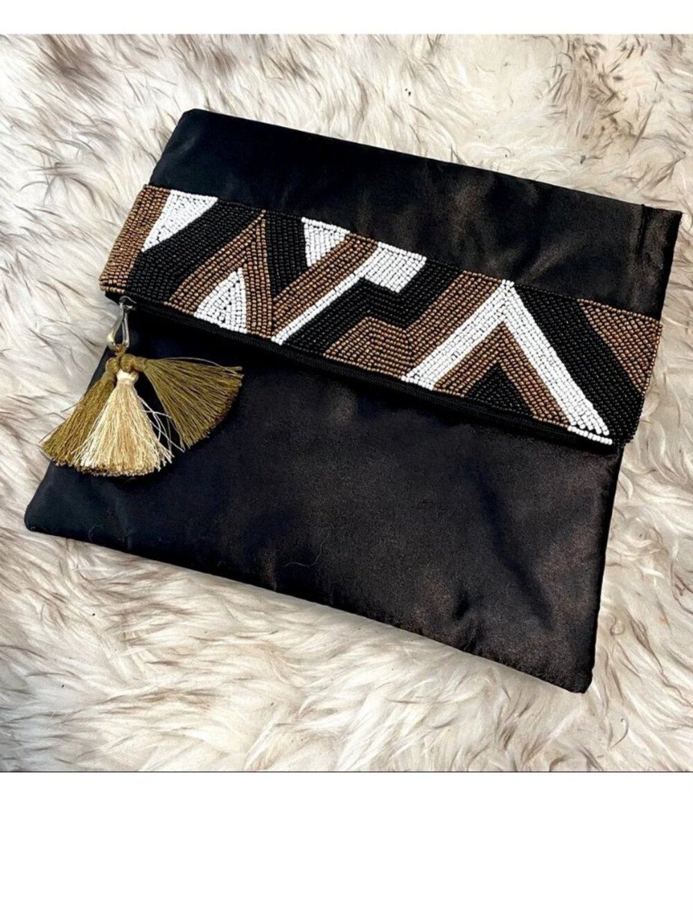 NWOT Silky Black Beaded Clutch with Tassel and Magnet Handmade India